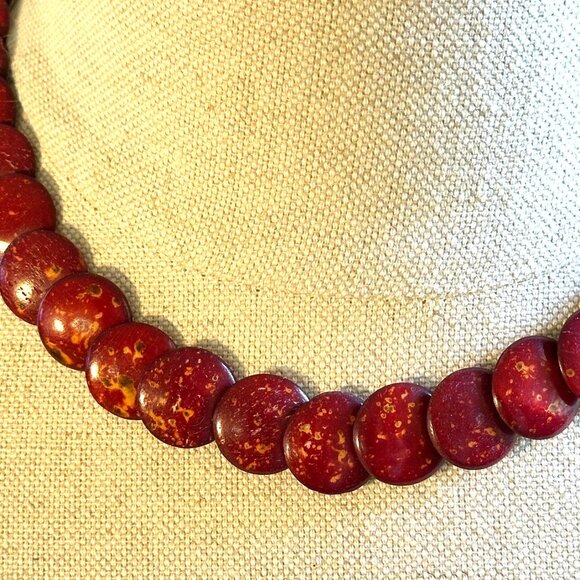 Vintage Red Glazed Bead Necklace, 18" Boho - Picture 5 of 6